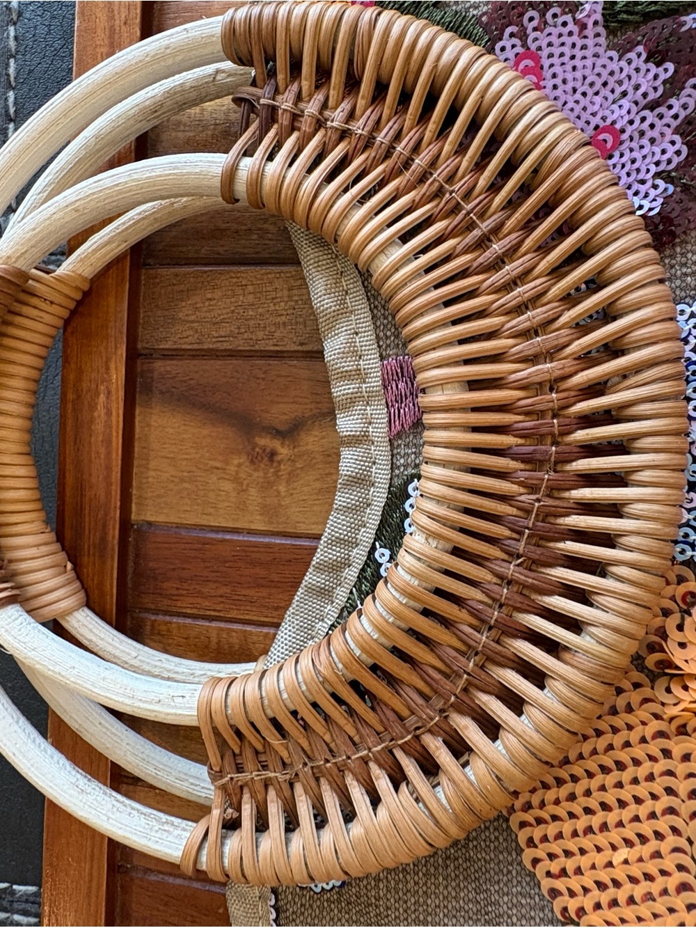Sequined Embroidered Floral Tote Round Bamboo Handle Summer Boho Blue Orange - Picture 11 of 11